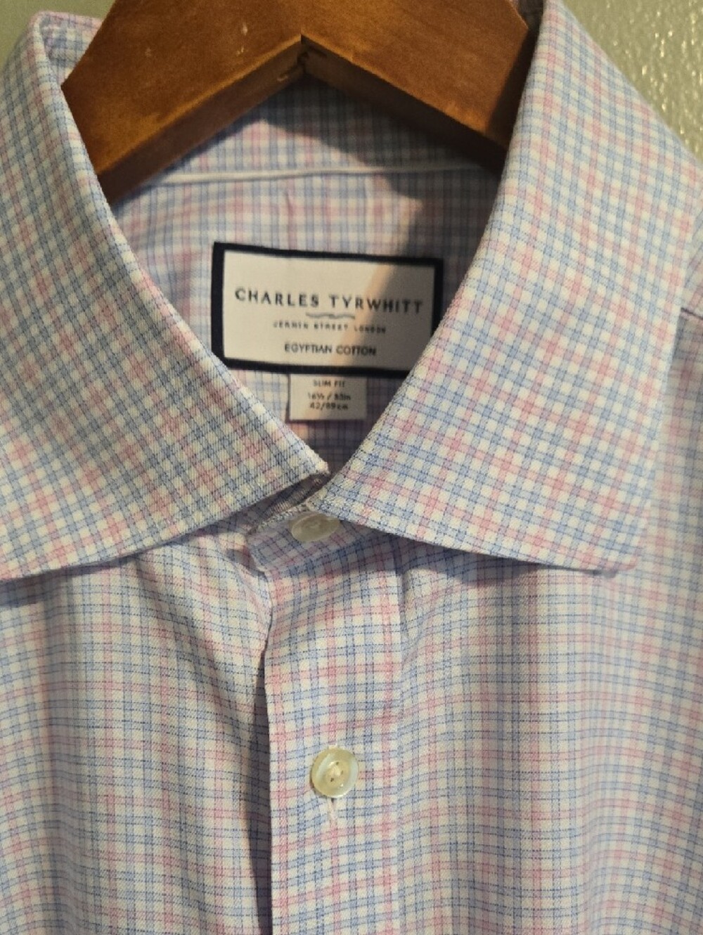 Charles Tyrwhitt Dress Shirt 16.5/35 Blue Pink Check Egyptian Cotton Slim Fit